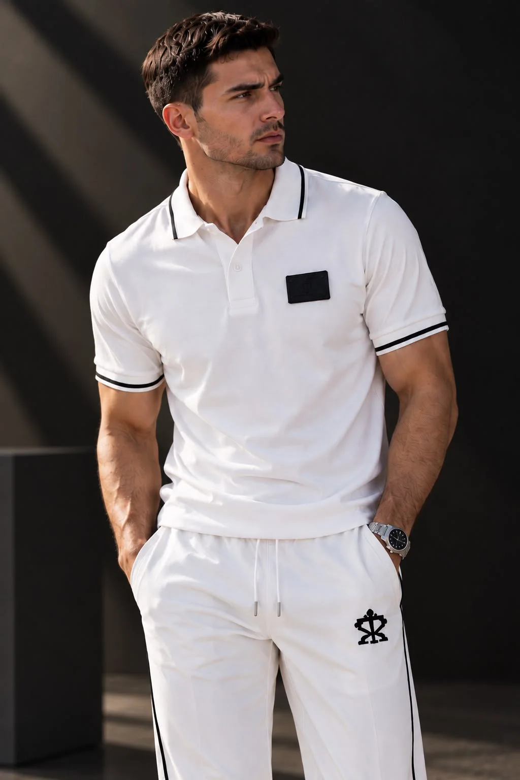Hombre con polo blanco y pantalÃ³n con monograma TK bordado â€” Tony Krown